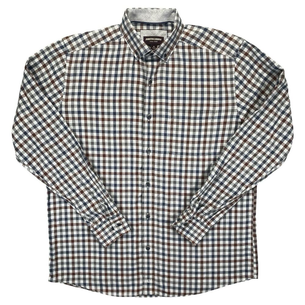 Johnston & Murphy Men’s M Long Sleeve Button Down Navy Tan Check Shirt